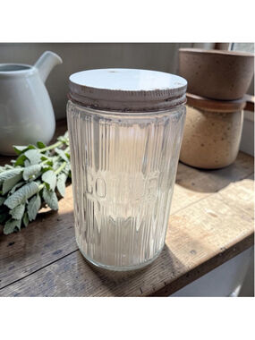Vintage Glass Coffee Jar Ribbed Pantry Canister Metal Lid Farmhouse Hoosier Jar